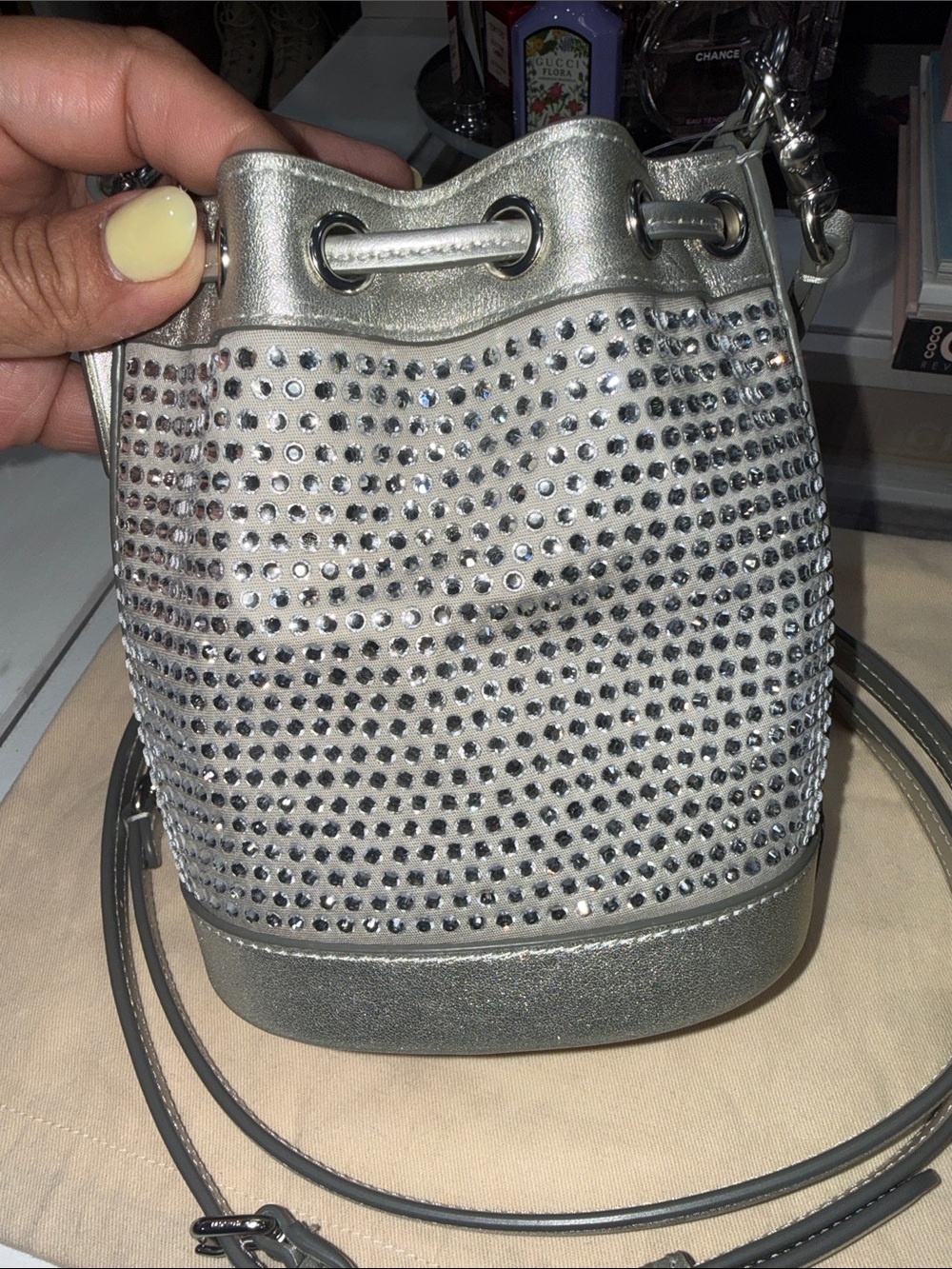 New Coach Metallic Silver Crystal-Embellished Bucket mini Bag - Picture 5 of 10